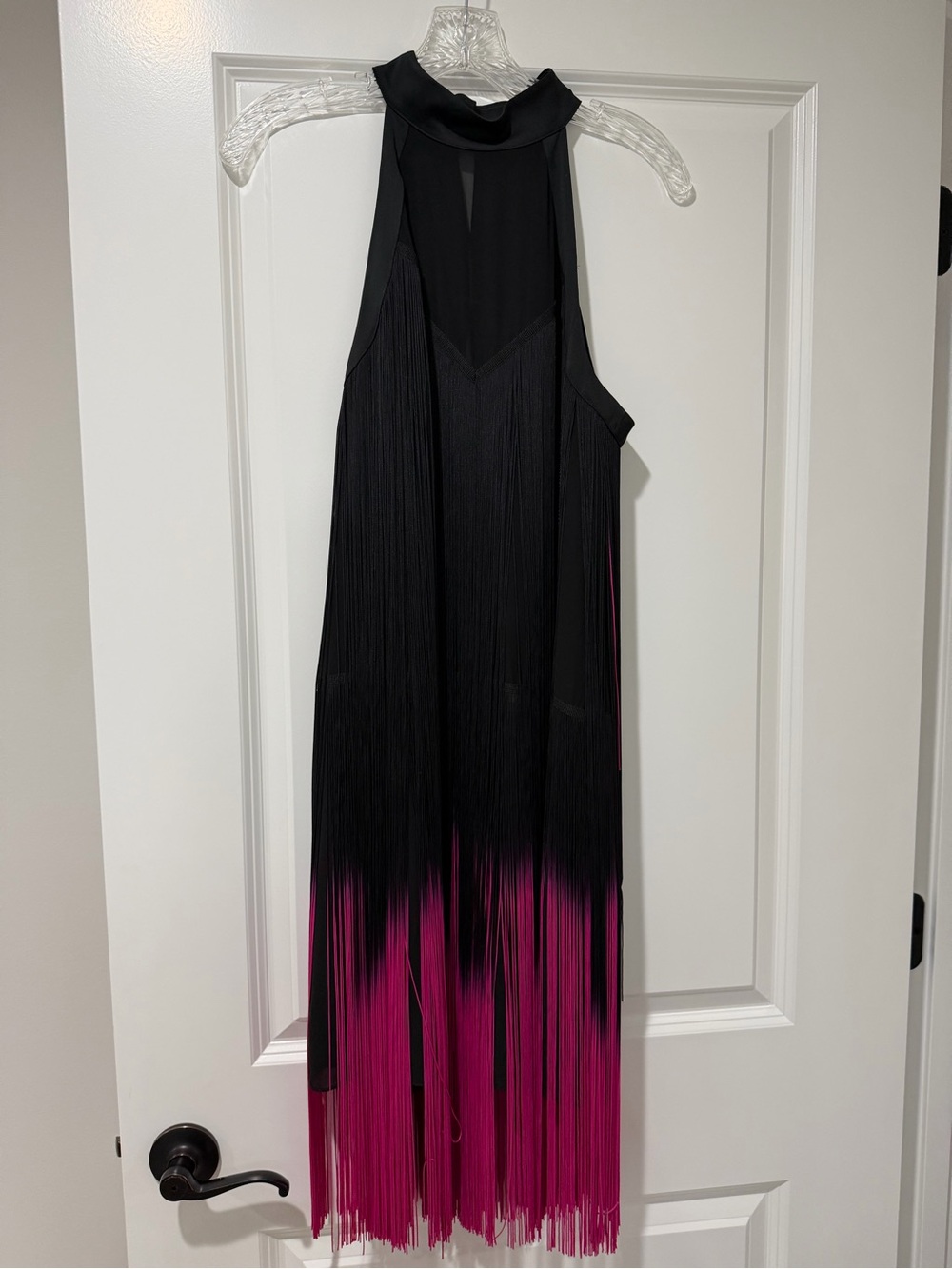 Karen Millen Black with Hot Pink Fringe Halter Dress-Size 8